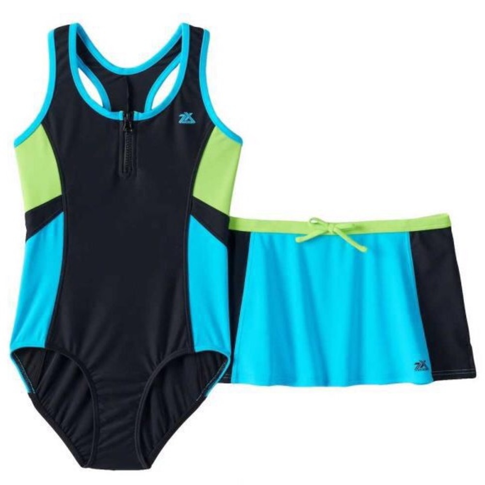 ZeroXposur Kid’s Color Block Swimsuit with Matching Skirt